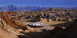Close-up of landing zone area matte painting, which was actually used for another cut scene of Luke putting his saber into Artoo.  Notice the Y-wing is missing here.